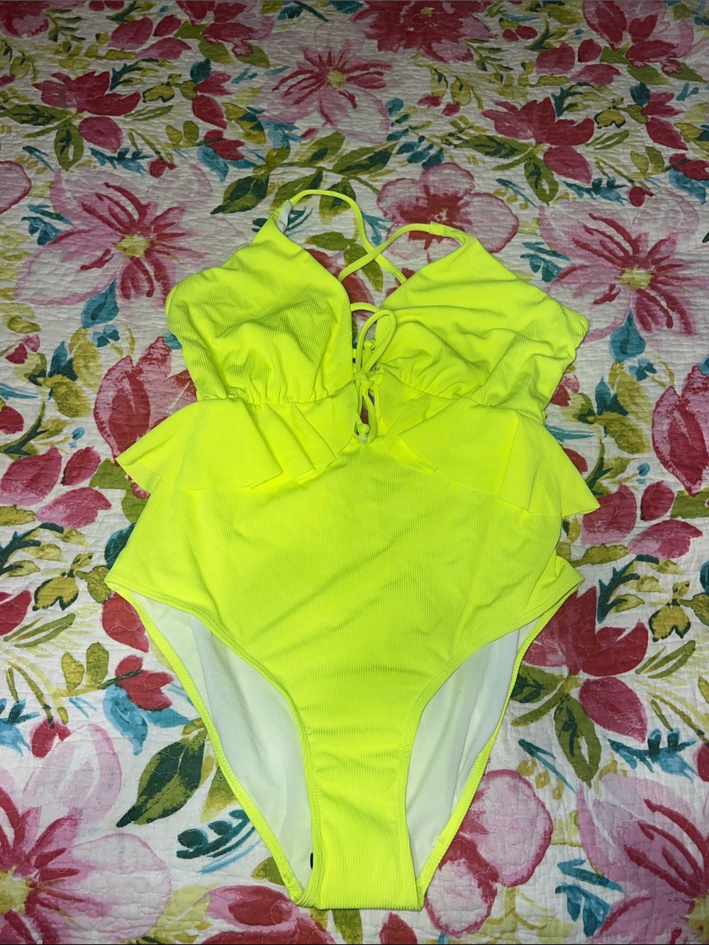 Neon Yellow Lace-Up One-Piece Swimsuit